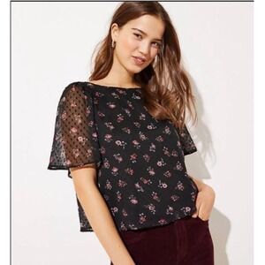 LOFT Black Floral Butterfly Sleeve V-Neck Tie Front Blouse Top Women's Small A38